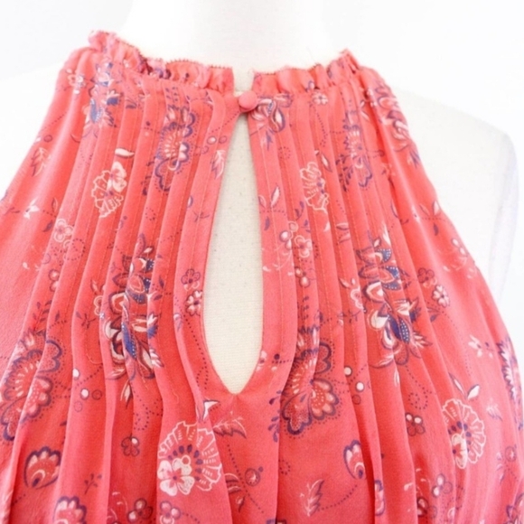 Joie 100% Silk Coral Pink Print Sheer Tiered Halter Midi Flowy Sundress Sz M - Picture 6 of 14